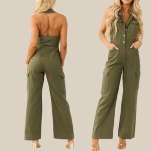 New Trendy Chic Halter Denim Olive Cargo Jumpsuit